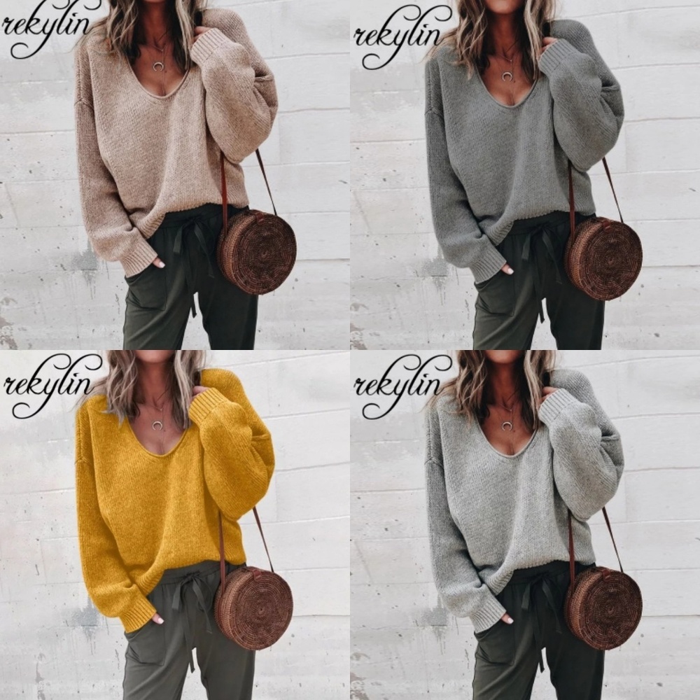 Soft V-neck Oversized Loose Fitting Knit Sweater - Picture 6 of 8